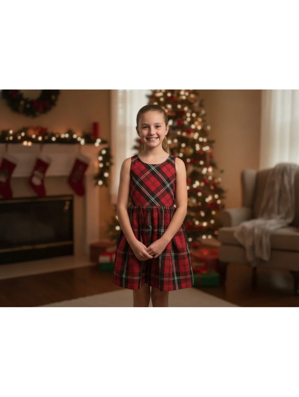 Polo Ralph Lauren Christmas Girls 12 Red Black Tartan Plaid Fit & Flare Dress